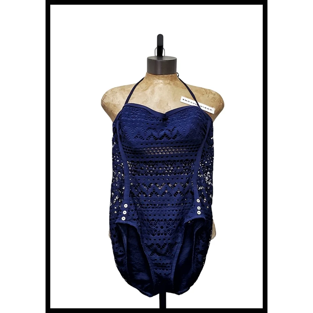 NWT Robin Piccone Penelope Crochet One Piece Swimsuit Halter Tie Blue 12 NEW